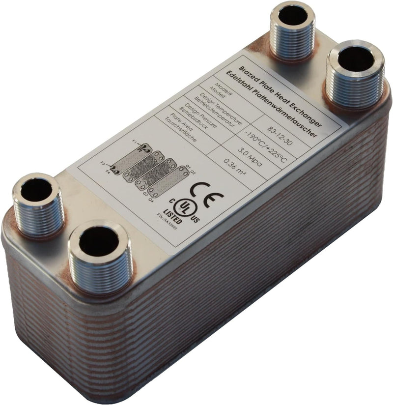 Edelstahl Plattenwärmetauscher B3-12-30 mit 2x1/2 & 2x3/4 Zoll Anschl. 65kW Heizung Solar (PWT)