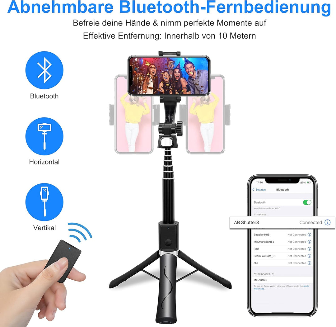 PIPRE Selfie Stick Stativ, Faltbarer und ausziehbarer Bluetooth Stativständer mit kabelloser Fernbed