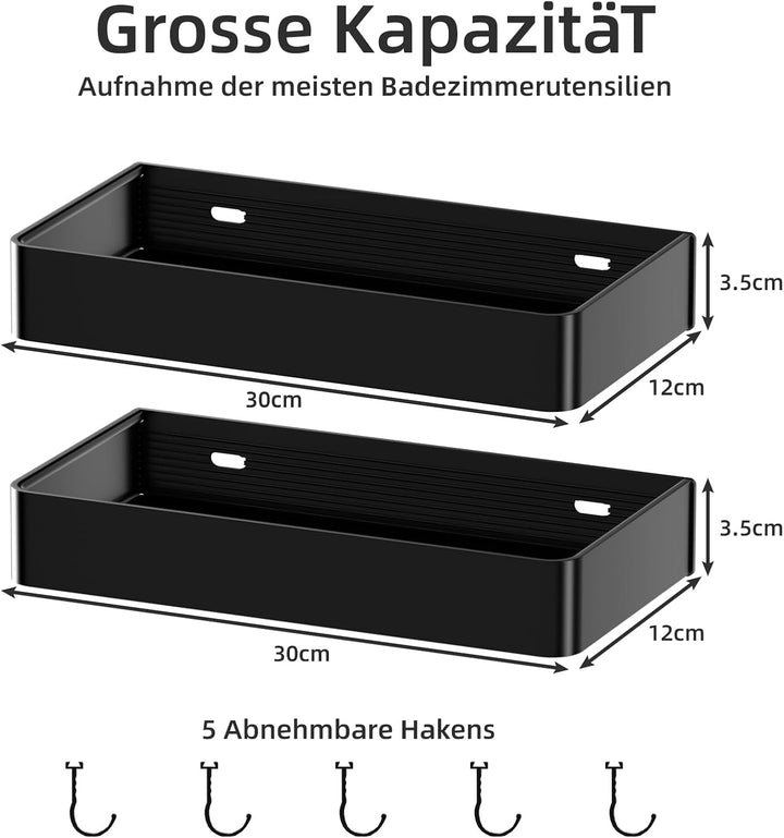 Wisfame Duschablage ohne Bohren, 2 Stück Aluminium Badezimmer Organizer mit 5 Haken, Wasserdichter,