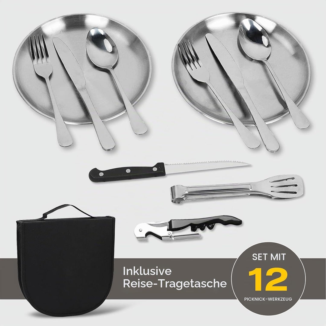 Campingbesteck Set für 2 Personen, Tragbares Edelstahl Outdoor Geschirr Set für Camping, Picknick un