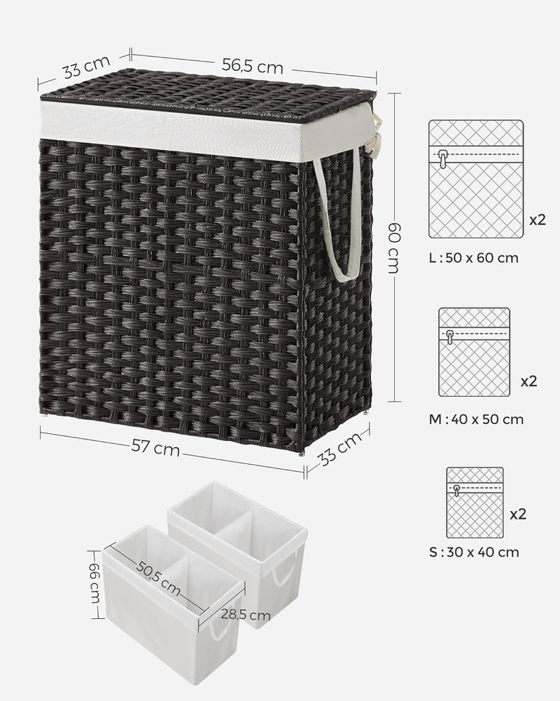 SONGMICS Wäschekorb mit Deckel, Wäschesammler 110 Liter, 2 Fächer, herausnehmbarer Wäschesack mit Gr