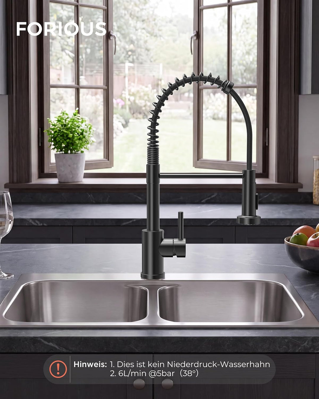 FORIOUS Wasserhahn Küche Schwarz, Hoher Bogen Hochdruck Küchenarmatur mit Herunterziehen Brause Arma