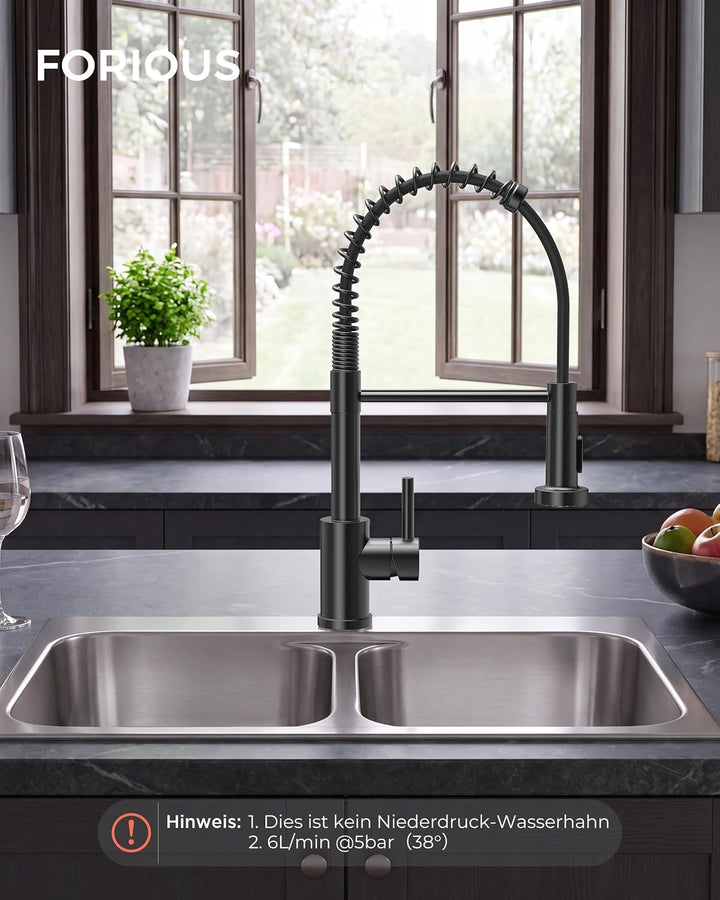 FORIOUS Wasserhahn Küche Schwarz, Hoher Bogen Hochdruck Küchenarmatur mit Herunterziehen Brause Arma