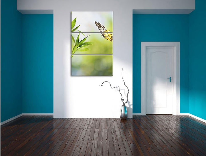 Pixxprint Bambus mit Schmetterling 3-Teiler Leinwandbild 120x80 Bild auf Leinwand