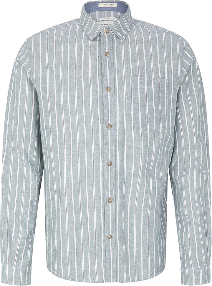 TOM TAILOR Herren Hemd mit Muster aus Leinen XL 31247 - Bluish Green Off White Stripe, XL 31247 - Bl