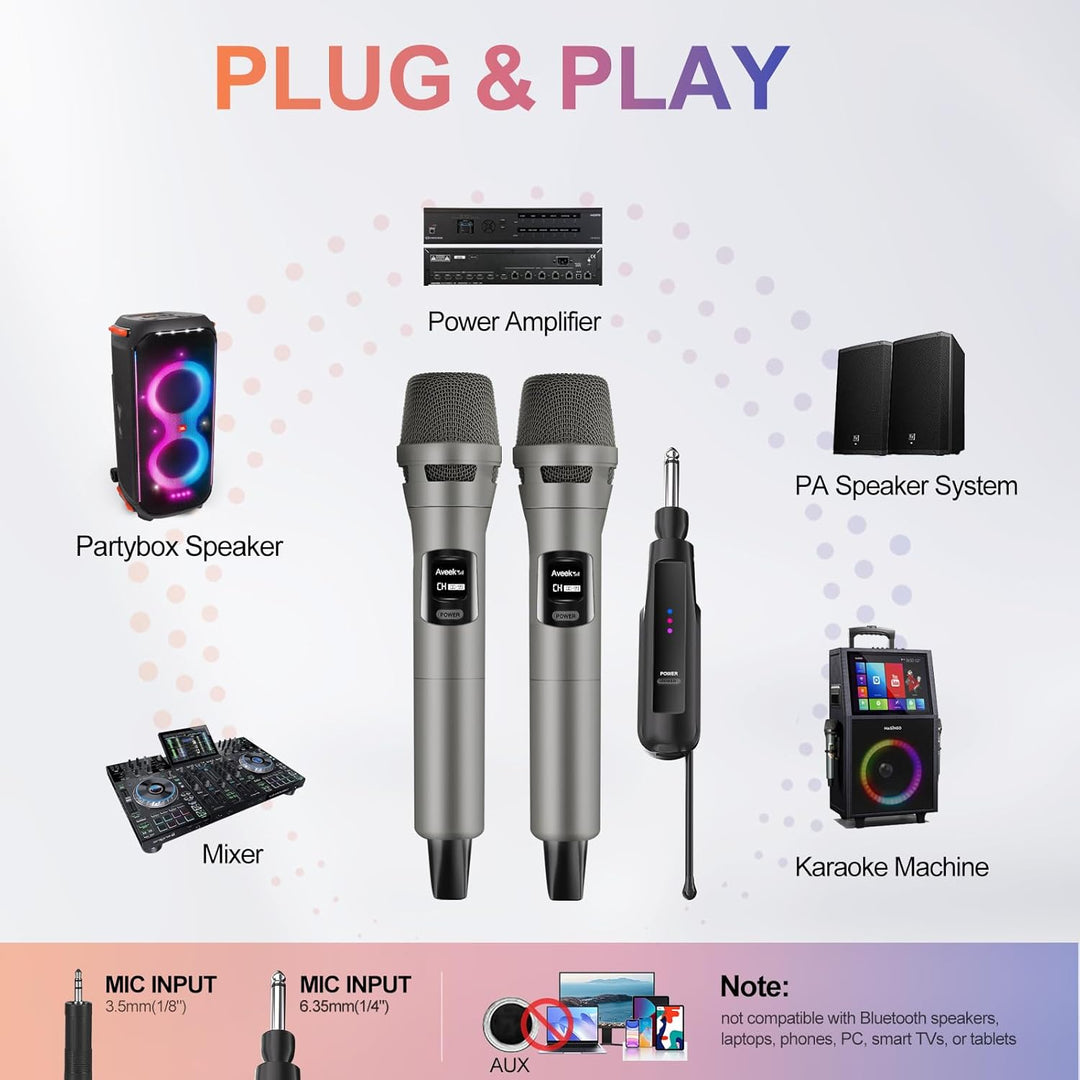 Aveek Kabelloses Karaoke Mikrofon Set, Professionelle Funkmikrofon Set 2.4G, Wiederaufladbar mit USB