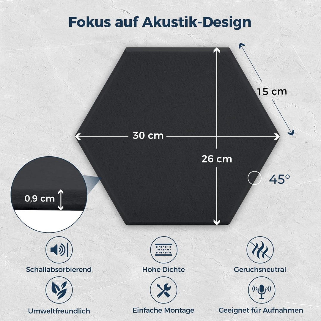 12 Stück Hexagon Akustikplatten Selbstklebend, 30 x 26 x 0,9 cm Hohe Dichte Akustikpaneele, Schallsc