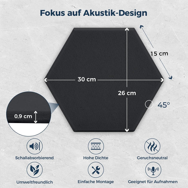 12 Stück Hexagon Akustikplatten Selbstklebend, 30 x 26 x 0,9 cm Hohe Dichte Akustikpaneele, Schallsc