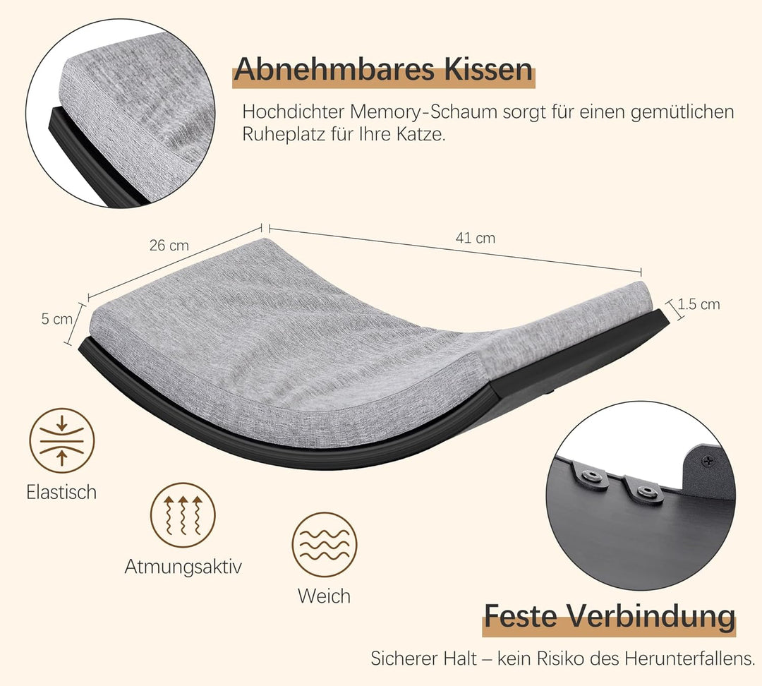 Gebogenes Katzen-Wandregal, Katzen Kletterwand mit Schaumstoffmatte, Wandmontiertes Massivholz Katze