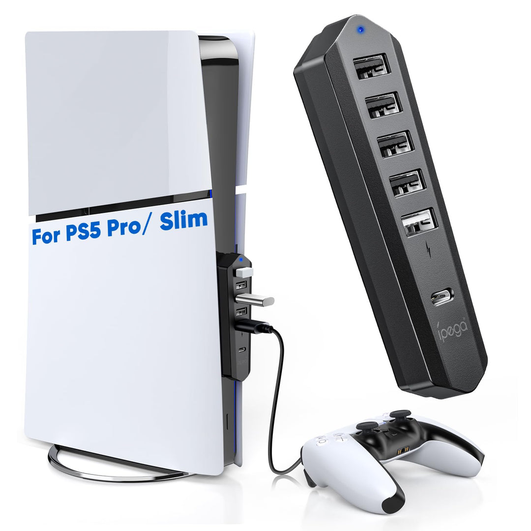 Auarte USB Hub für PlayStation 5 Pro/Slim Console, 1 Typ C 3.1 Anschluss, 4 USB 2.0 Anschlüsse, 1 US