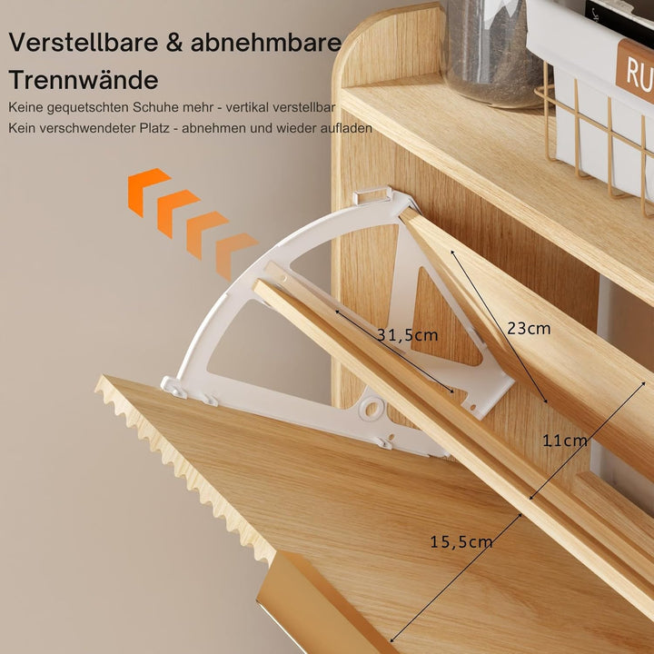 LEADZM Schuhschrank schmal,Schuhkipper mit 2 Flip-Schubladen Schuhregal mit Metallfüssen Trennwand v