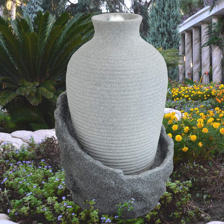 Gartenbrunnen Brunnen Zierbrunnen Zimmerbrunnen Brunnen Ampfore Korfu lichtgrau mit LED-Licht 230V S