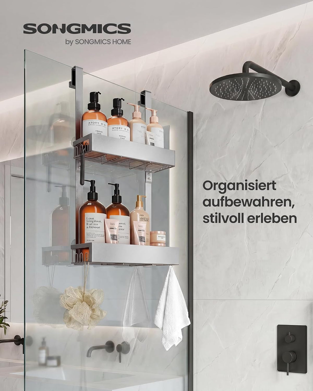 SONGMICS Duschablage ohne Bohren, 2 Ebenen Duschregal zum Hängen, Silber | Badezimmer Organizer mit