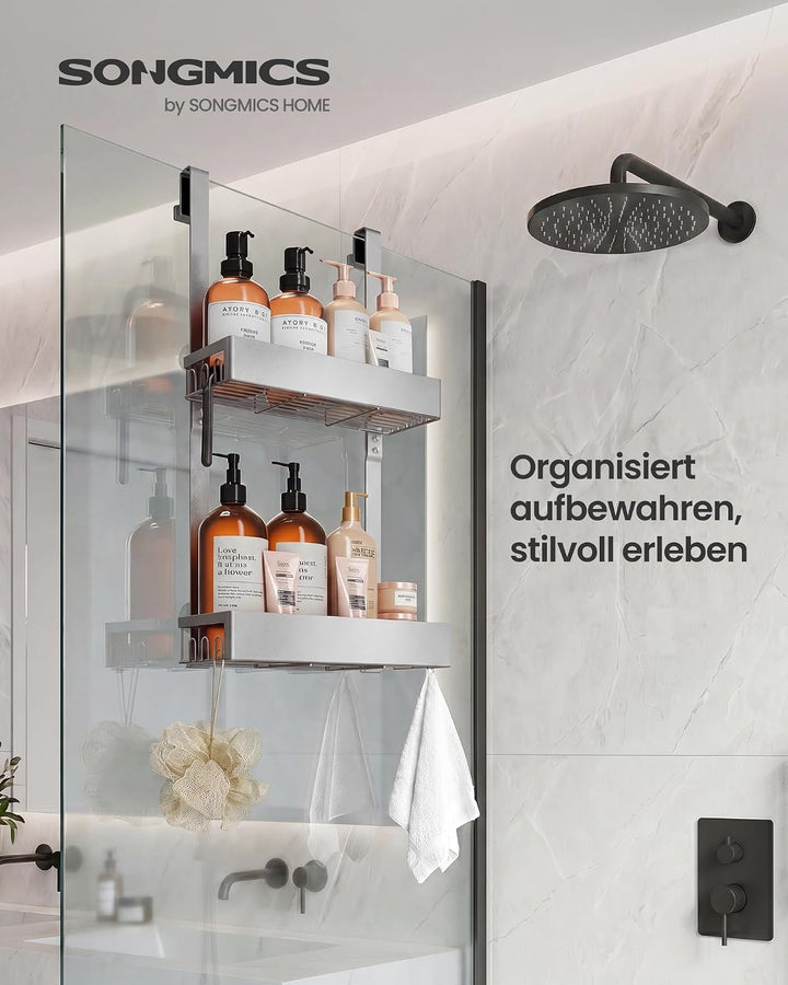 SONGMICS Duschablage ohne Bohren, 2 Ebenen Duschregal zum Hängen, Silber | Badezimmer Organizer mit