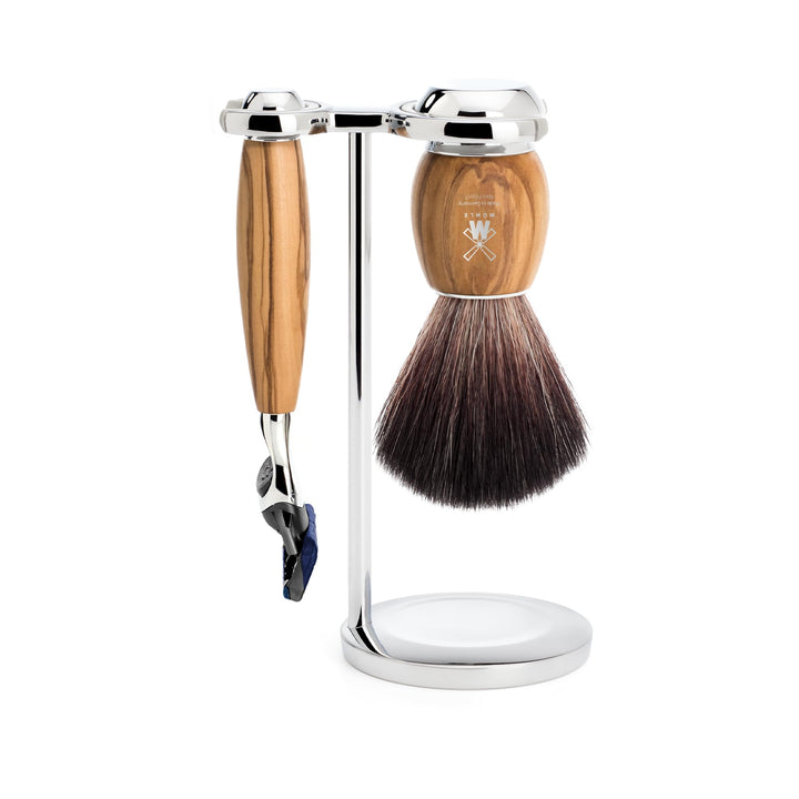 MÜHLE Vivo Rasierset - Rasierer kompatibel mit Gillette-Klingen und Rasierpinsel Black Fibre, Halter
