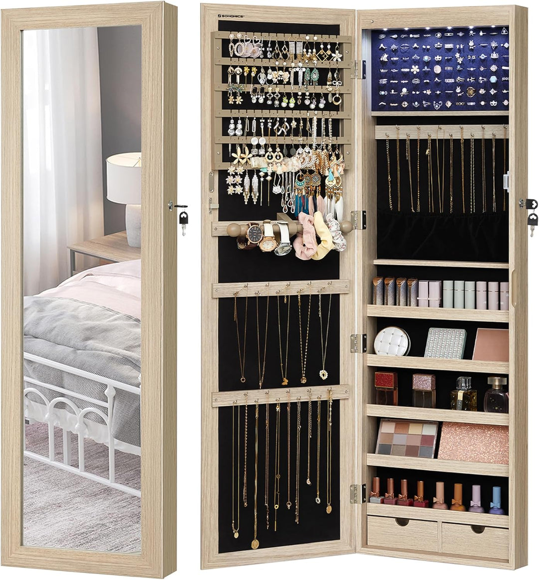 SONGMICS Schmuckschrank, Wand-Aufbewahrungsmöbel für Halsketten, Ohrringe, Zubehörschrank, mit Spieg