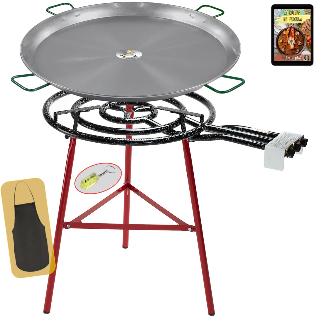 Paella-Brenner-Set, Butangas, 70 cm, polierter Stahl, 90 cm, Ständer mit verstärkten Füssen, Ebene,