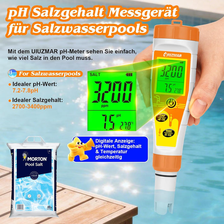 Pool pH Messgerät und Salzgehalt Messgerät für Salzwasserpools, Digitales Poolwassertester mit 12.88