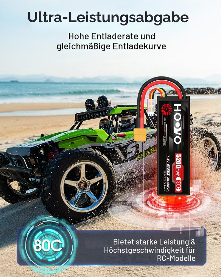 2S LiPo Akku 7,4V 5200mAh 80C RC Akkus Hartschalenkoffer mit XT60 Stecker Ersatzakku HOOVO für RC Ca