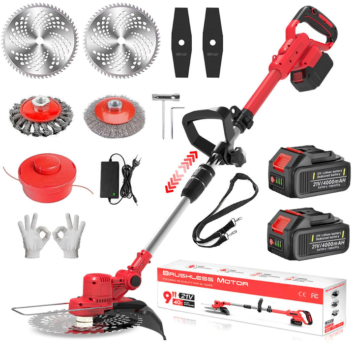 Rasentrimmer mit Akku und Unkrautbürste,21V Akku Rasentrimmer für Makita Akkus,Inkl 2X4.0Ah Akku &amp; L