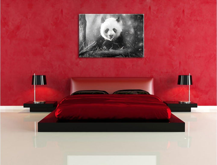 Pixxprint Niedlicher Panda isst Bambus Kunst / 100x70cm Leinwandbild bespannt auf Holzrahmen/Wandbil