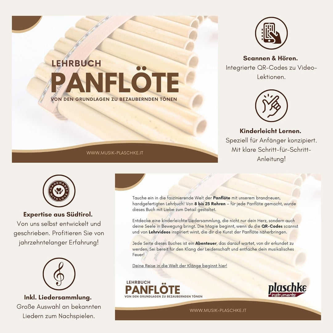 Plaschke Panflöte, Holz-Riemen Design, handgemacht aus Südtirol 18 Töne C-Dur 18 Töne C/Do, 18 Töne