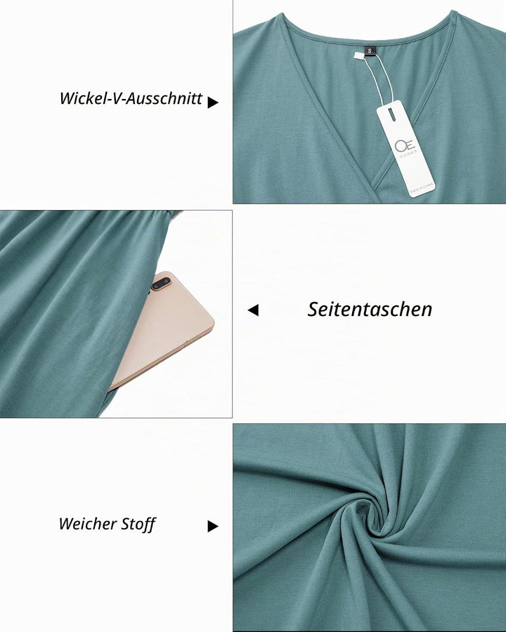 OUGES Sommerkleid Damen Kurzarm V-Ausschnitt Knielang Blumenmuster Midi Kleid mit Taschen S Blau-01,