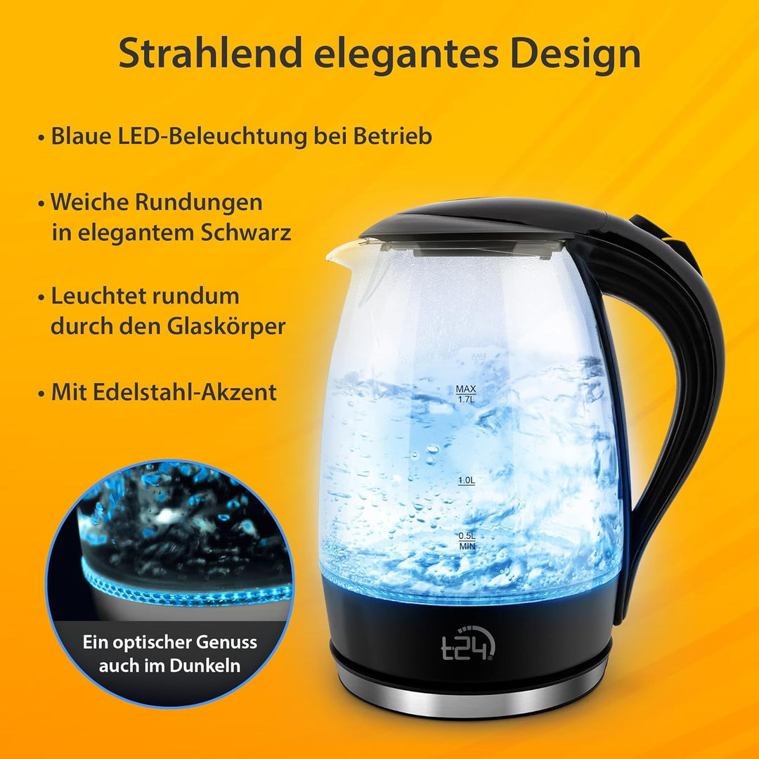 T24 Glas Wasserkocher 1,7L, 2200W, LED-Beleuchtung, 100% BPA-frei, Verdicktes Borosilikatglas, Trock