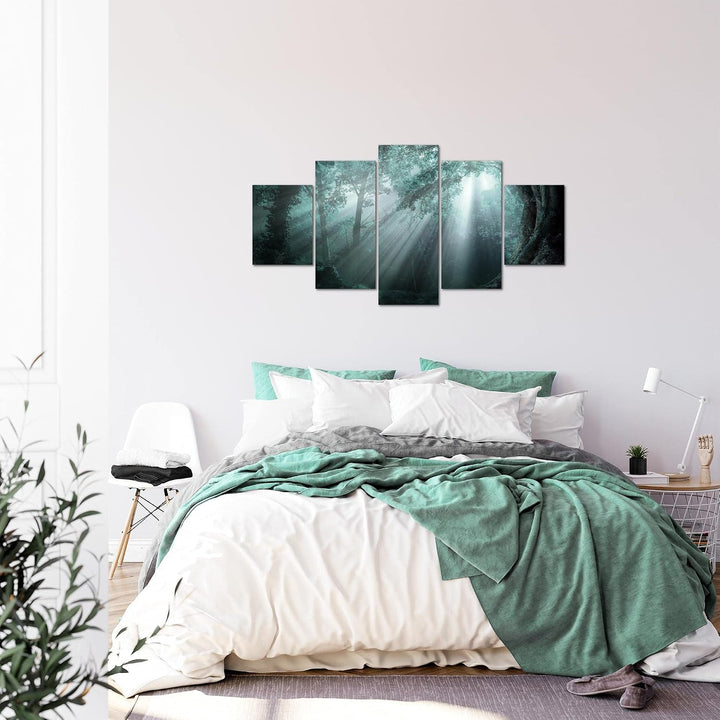 Runa Art Bild Schlafzimmer Wohnzimmer Wald Landschaft 5 Teilig Sonne Blau Wandbilder auf Vlies Leinw