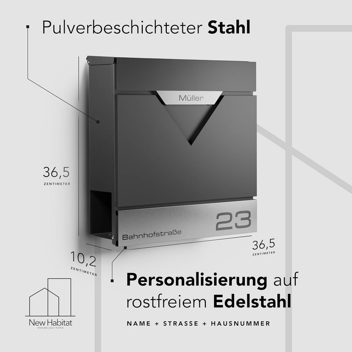 Moderner Briefkasten Personalisierbar Venedig Anthrazit RAL7016 - mit Zeitungsfach - Wandbriefkasten