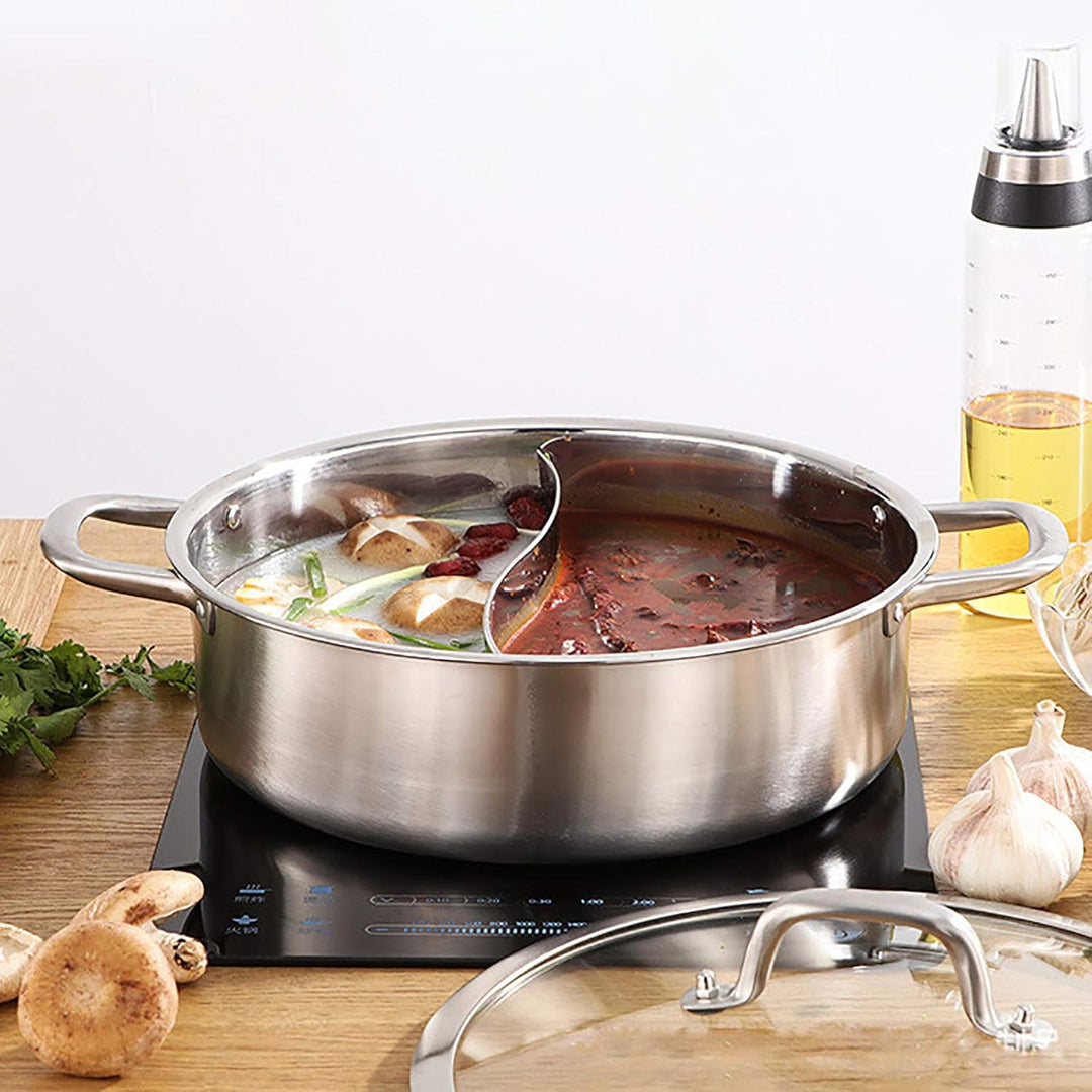 Hot Pot Shabu Topf mit doppelseitiger Trennwand, Edelstahl Suppentopf Kochgeschirr mit Löffel Küche