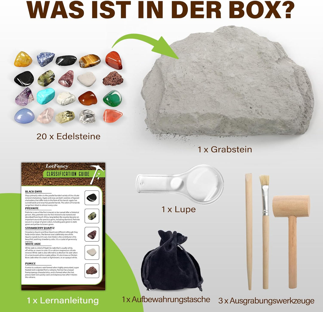 LotFancy Ausgrabungsset für Kinder, 20 Echte Edelsteine Ausgraben für Kinder ab 8 9 10 Jahren, Gesch