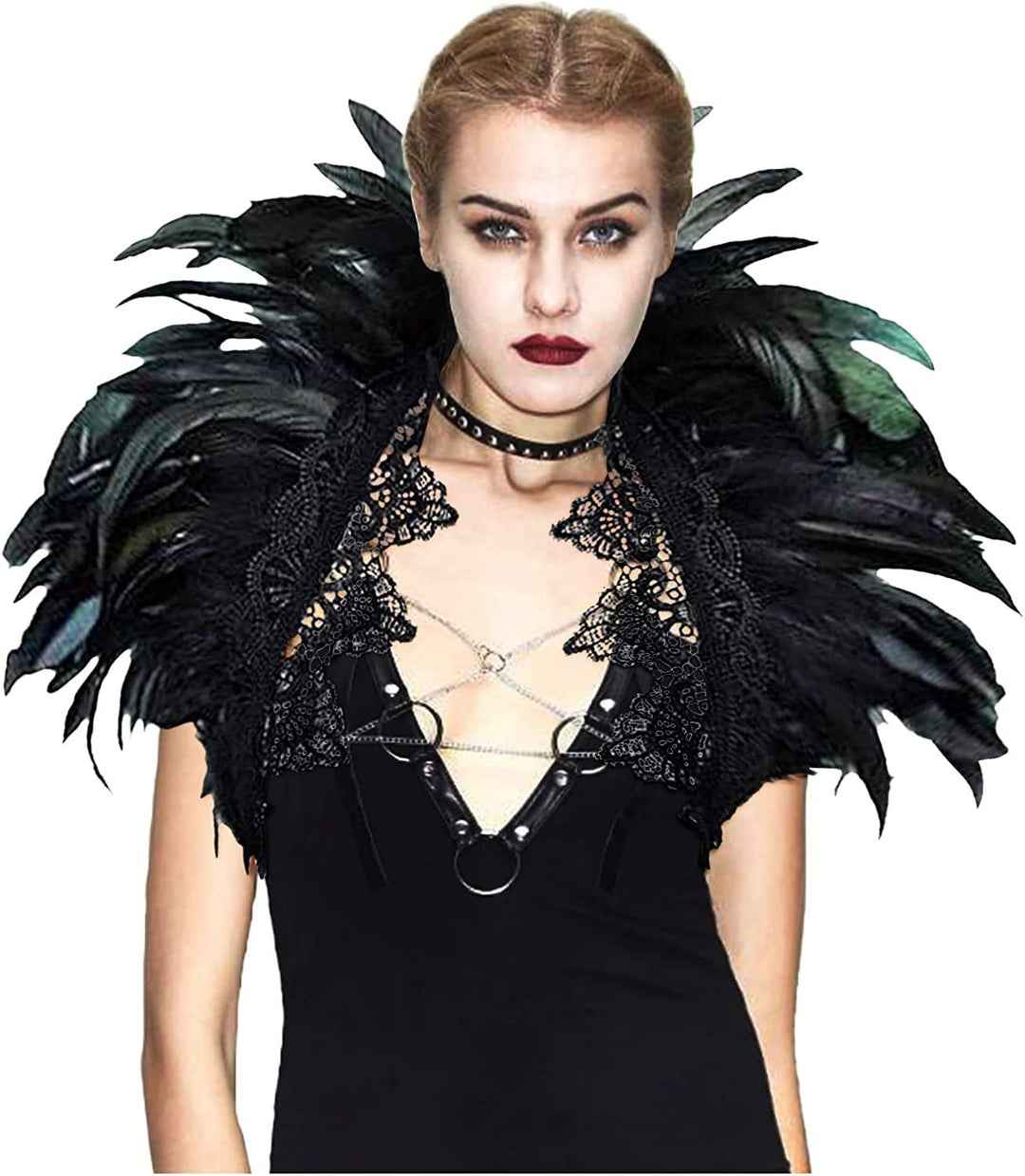 keland Damen schwarz echte Feder Achselzucken Schal Wrap Lace Kragen Halloween Kostüm Schal Top (Sch