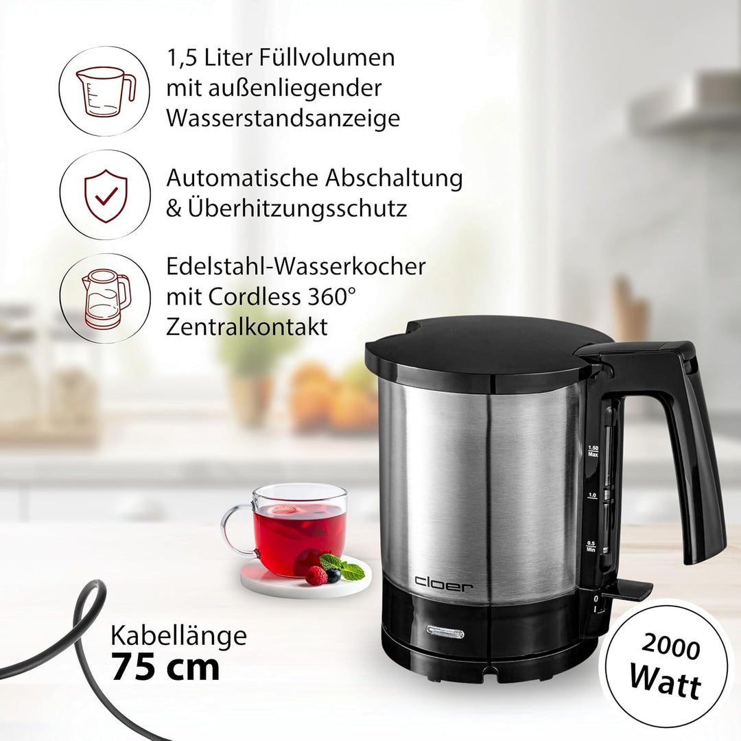 Cloer 4710 Wasserkocher, 2000 W, Trockengeh- und Überhitzungsschutz, aussen liegende Füllmengenmarki