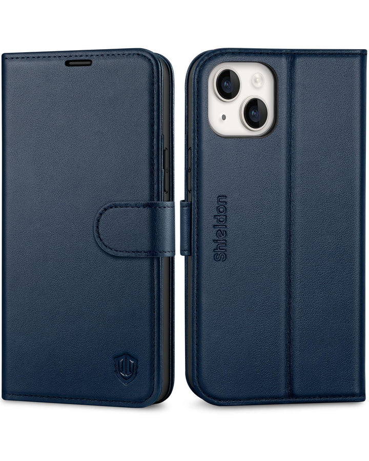 SHIELDON Klapphülle für iPhone 14 Plus 6,7", Marineblau | Stossfest, Kartenschlitz, Magnetverschluss