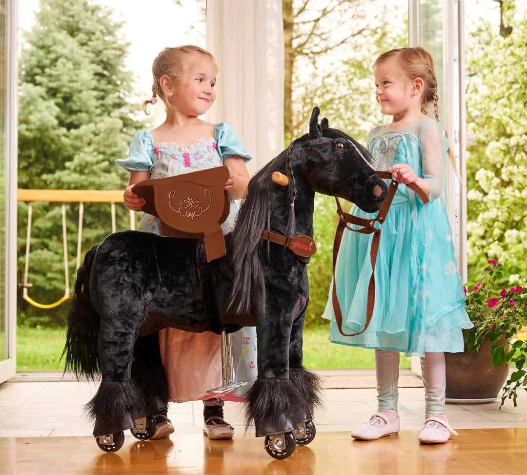 PONNIE Reitpferd mit Rollen Ebony S (3-6 Jahre), Spielpferd zum Reiten mit Abnehmbarer Braun Sattel