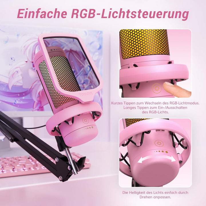 TONOR RGB Gaming Mikrofon PC Set Heilligkeit Verstellbar, USB Microphone mit Mikrofonarm für Compute