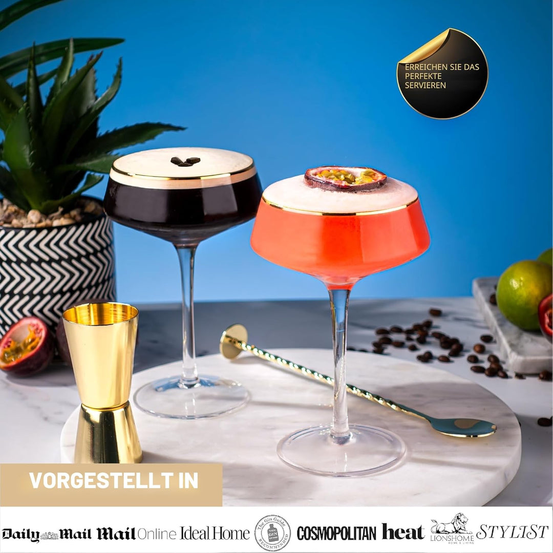 Luxus Martini Gläser Cocktailgläser Set von 4 mit Gold Rändern | Inklusive Gold Cocktail Löffel, Aus