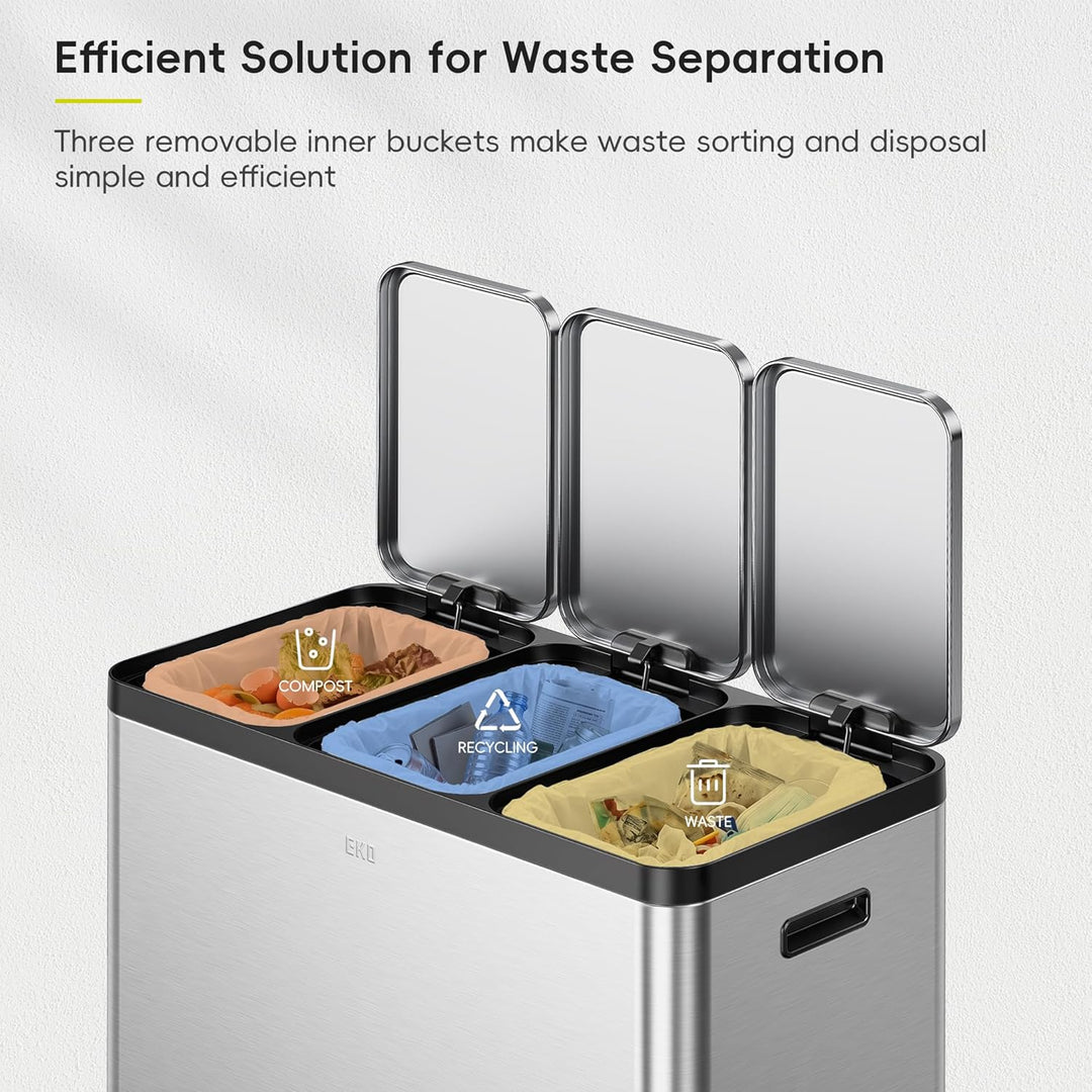EKO EcoCasa Recycling Mülleimer 20L+20L+20L, Edelstahl 3 Fächer Mülleimer mit individuellen Pedalen