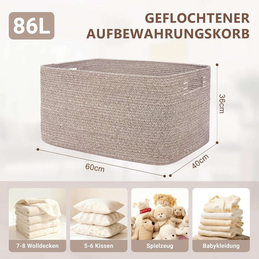 86L grosser Wäschekorb geflochten mit Henkeln, Efeugrün | Aufbewahrungskorb aus Baumwollseil für Dec