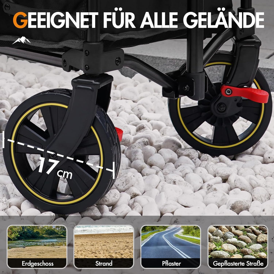 Portal Bollerwagen faltbar XXL Grosse Ladefläche 120kg belastbar Handwagen mit Getränkehalter Seiten