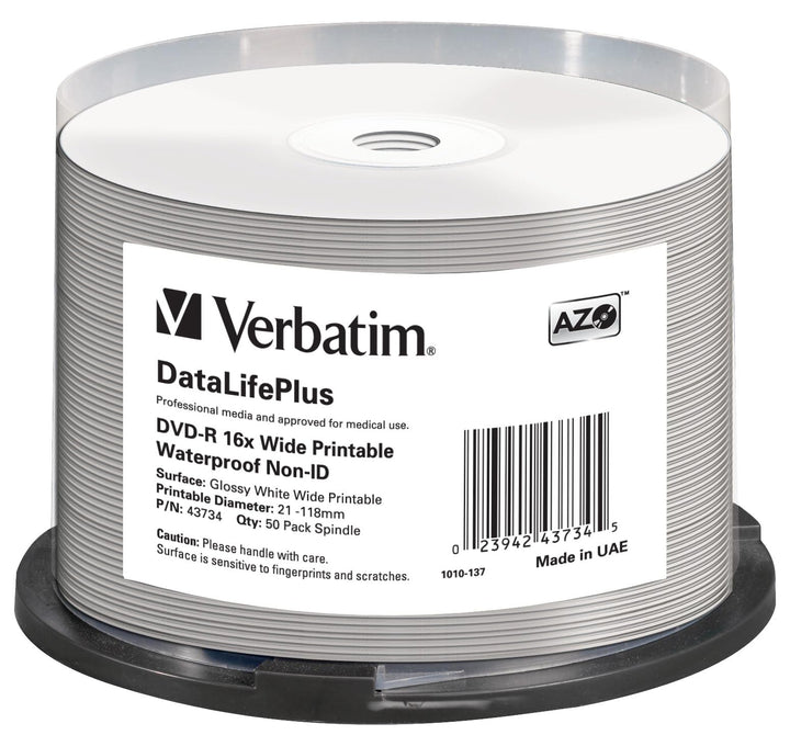 Verbatim DVD-R 16x Wide Printable Waterproof 4.7GB, DataLifePlus, 50er Pack Spindel, DVD Rohlinge be