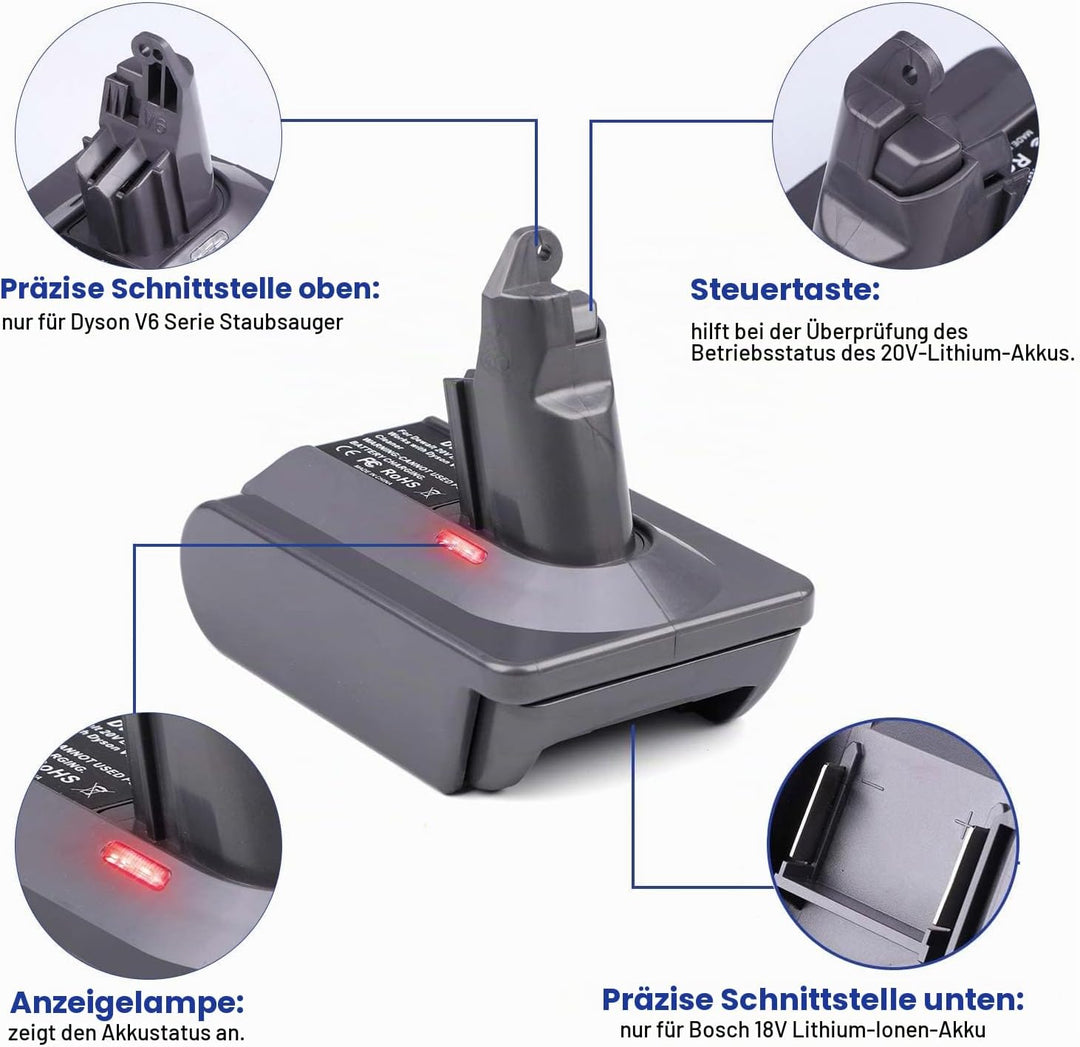 BTRUI für Dyson V6 Akku Adapter für Bosch 18V Lithium Akku, für Dyson V6 AbsoluteMotohead DC58 DC59