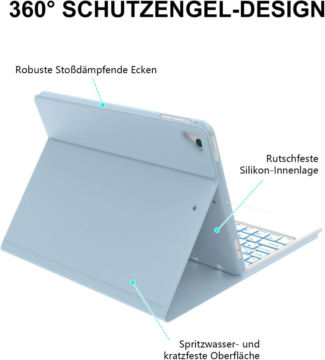 JADEMALL Für iPad 9,7" Hülle mit Tastatur & Touchpad – 7-Farb LED, Deutsch QWERTZ, Bluetooth 5.0 für