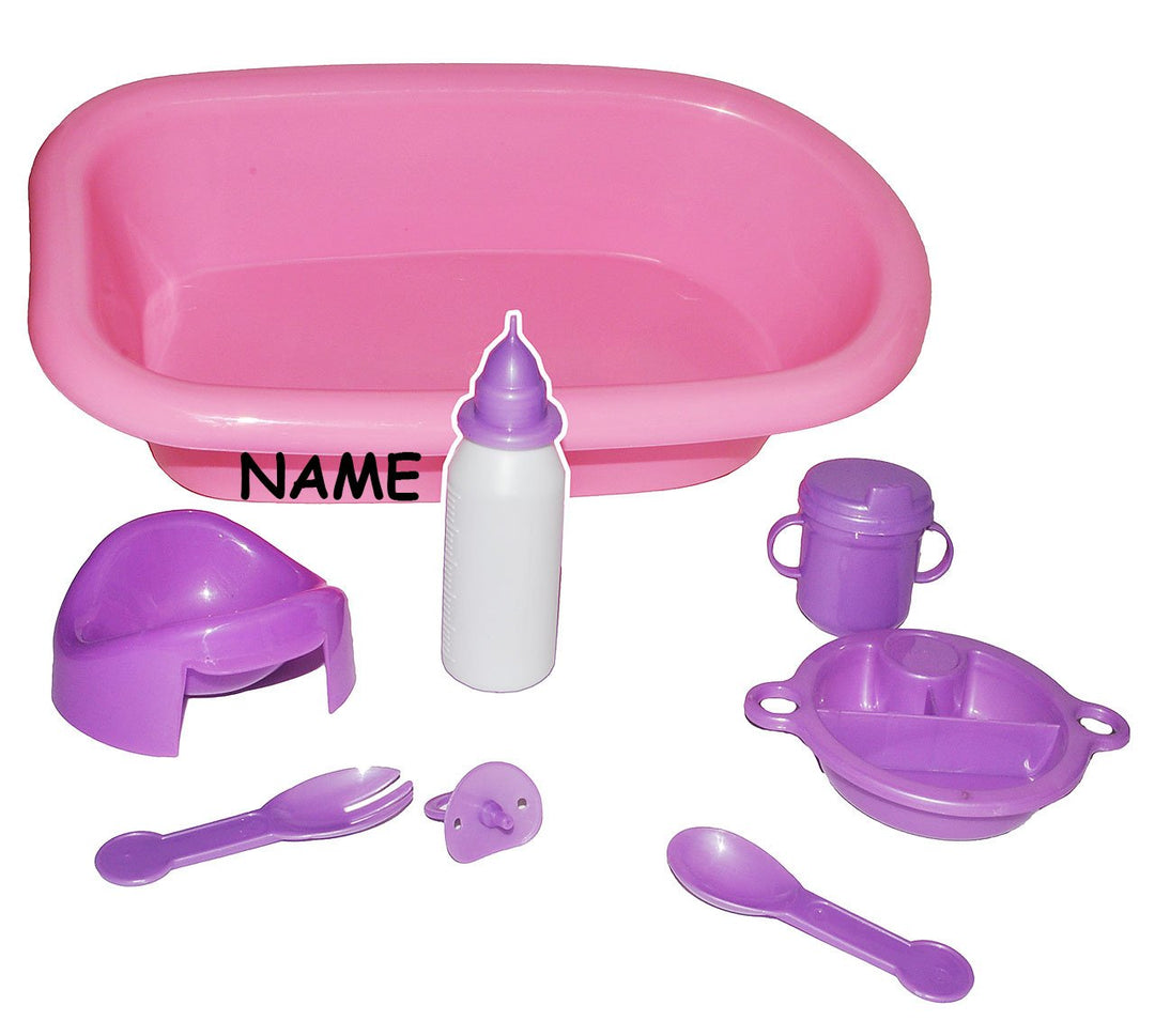 8 TLG. Set - Puppenbadewanne + Zubehör incl. Namen - bunt Kunststoff/Plastik - Babyflasche - Teller