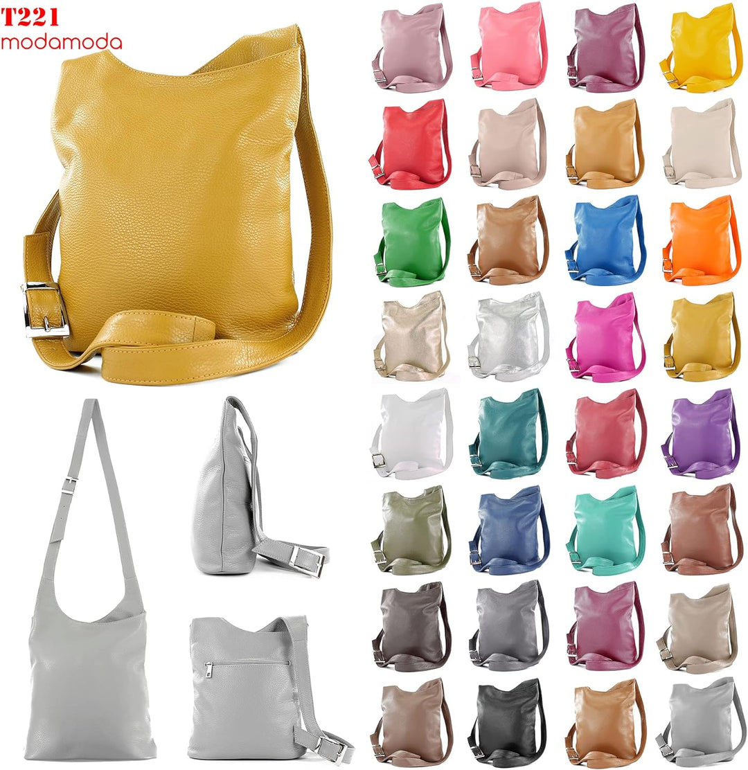 modamoda de - T221 - ital. Umhängetasche Schultertasche Medium aus Leder Creme, Creme