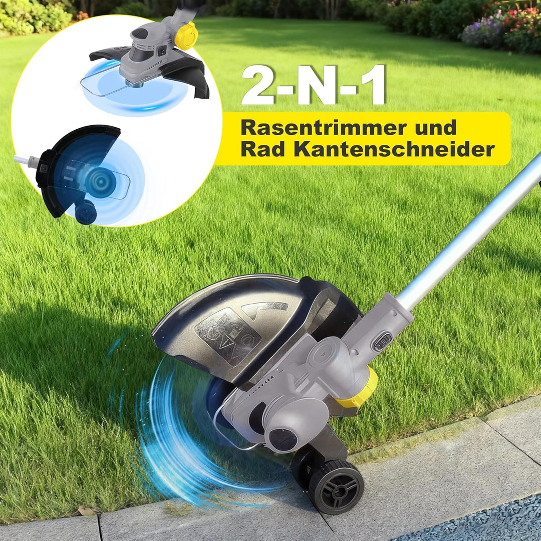 Rasentrimmer mit 21V,freischneider mit unkrautbürste,2-in-1 Freischneider akku,6 Klingentypen,inkl 2