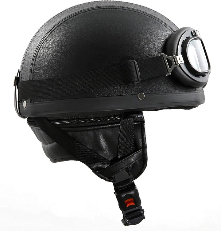 Retro Oldtimer Helm mit Kunstleder bezogen und Fliegerbrille Grösse (XL (61cm)), XL (61cm)