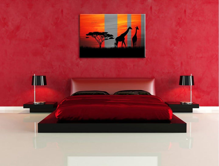 Afrika Giraffen im Sonnenuntergang schwarz/weiss Format: 100x70 auf Leinwand, XXL riesige Bilder fer