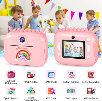 Kinderkamera Sofortbildkamera, 1080P 2,4 Zoll Bildschirm DigitalKamera Kinder mit Druckpapier,32GB K